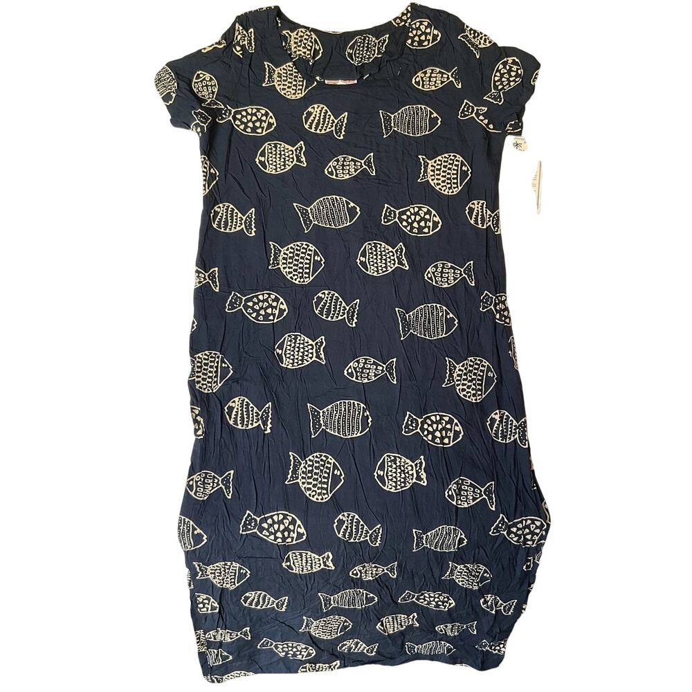 Club Mystique Women Maxi Dress M Navy Graphic Print Shift Fish Short Sleeve